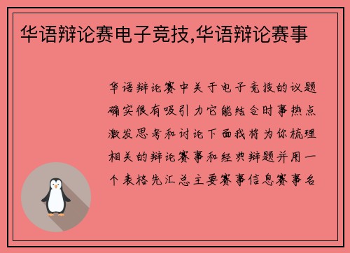 华语辩论赛电子竞技,华语辩论赛事
